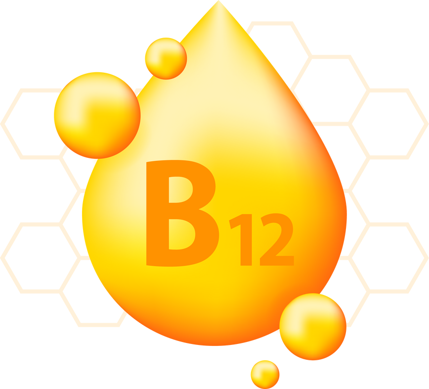 Vitamin b12 with realistic drop. Particles of vitamins in the middle